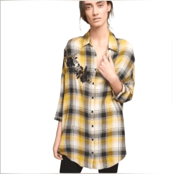 Maeve Anthropologie Yellow Plaid Floral Embroidered Oversized Tunic - Picture 2 of 12